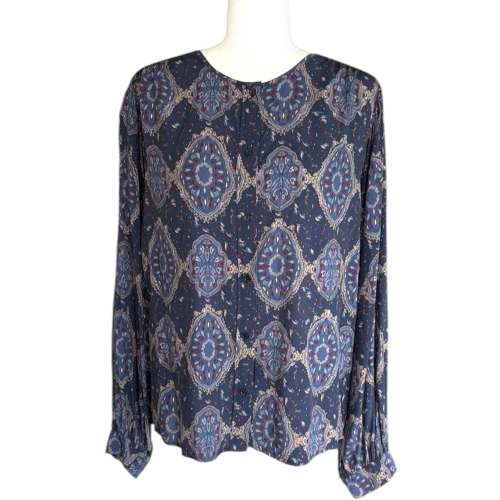 Ecru Navy Blue Paisley Floral Print Button Down Blouse - L